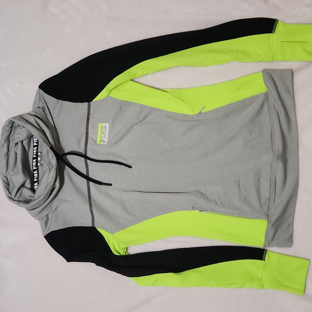 Victoria Secret Pink Ultmate Cowl Neck Sweatshirt Neon Yellow Black XS Women's